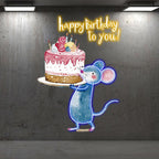 Little Mouse Lifting Big Cake Happy LED neon sign product image
