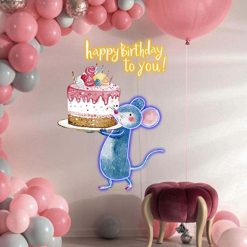 Little Mouse Lifting Big Cake Happy LED neon sign product image