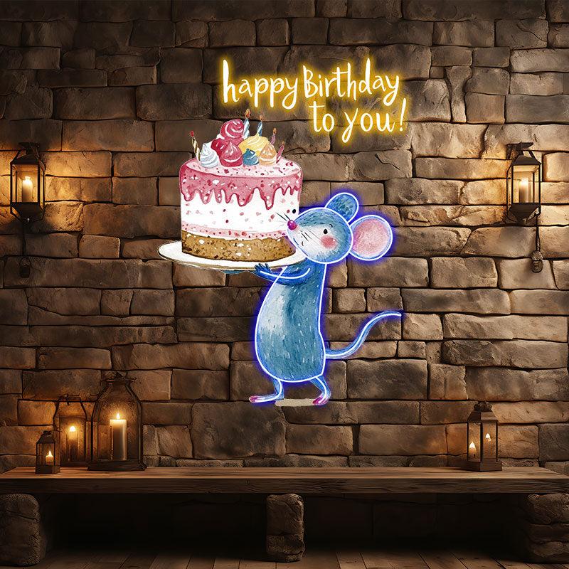 Little Mouse Lifting Big Cake Happy LED neon sign product image