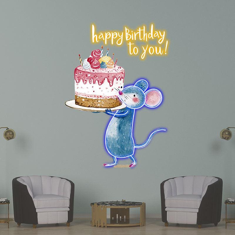 Little Mouse Lifting Big Cake Happy LED neon sign product image
