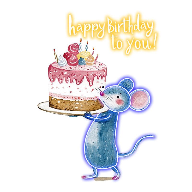 Little Mouse Lifting Big Cake Happy LED neon sign product image