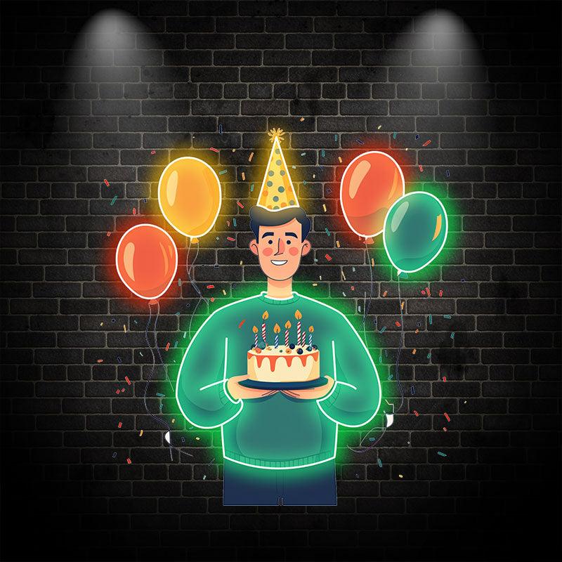 Man Wearing Hat Holding Birthday Cake LED neon sign by NeonCS