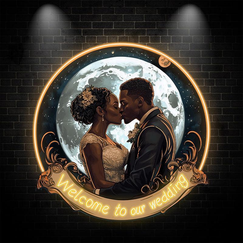 Golden Round Photo Frame Bride and LED neon sign by NeonCS