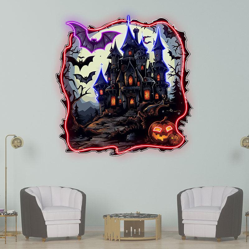 Haunted Castle with Bats and LED neon sign product image