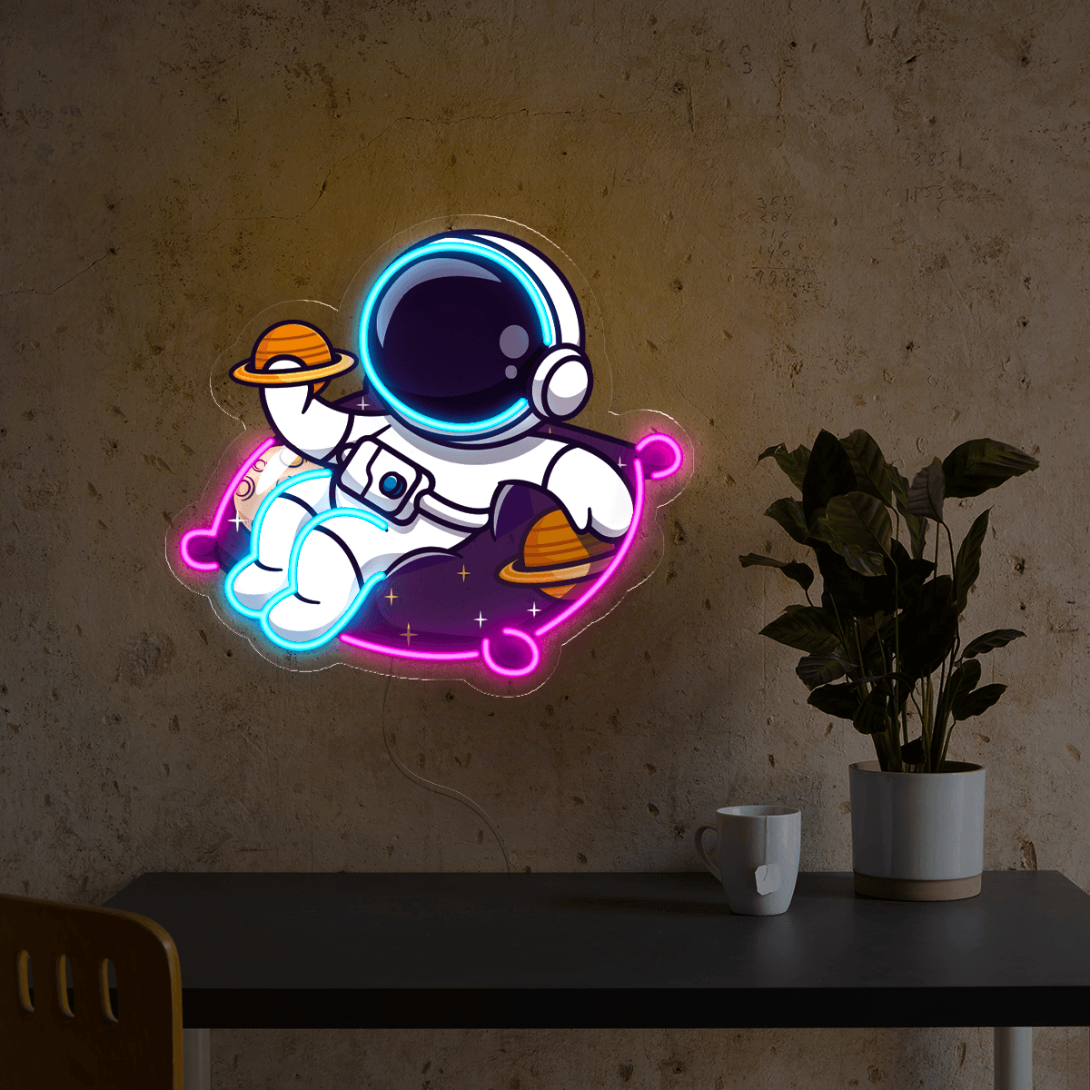 Cute Astronaut Holding Planet Artwork LED neon sign by NeonCS