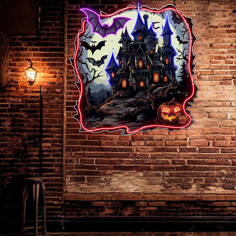 Haunted Castle with Bats and LED neon sign product image