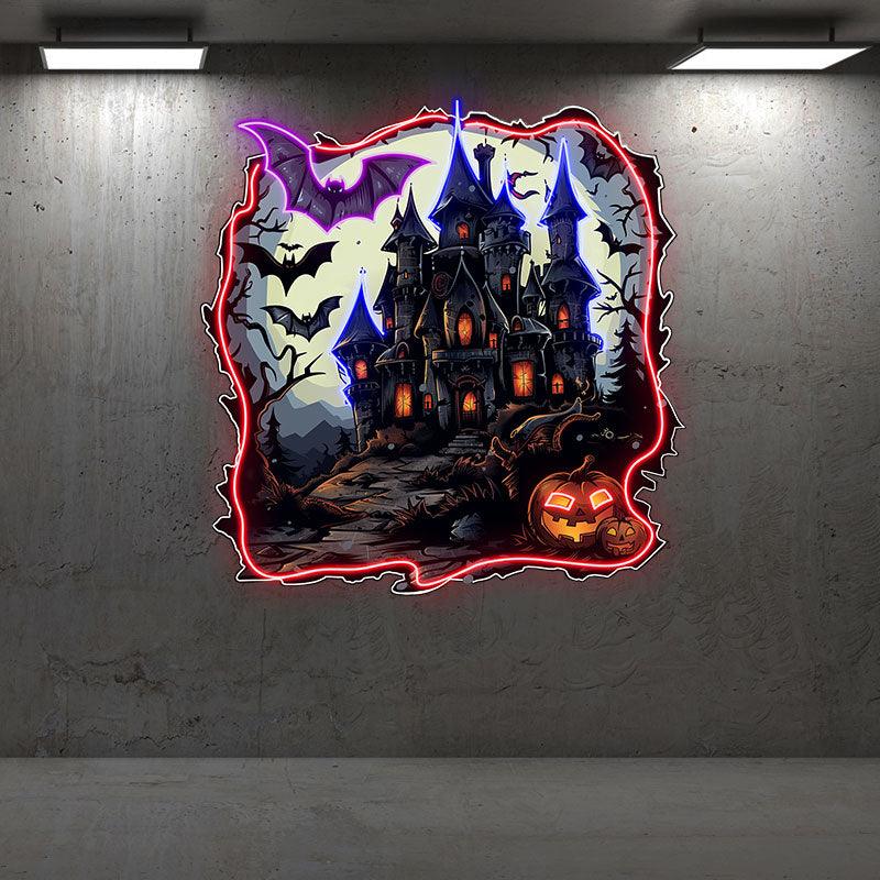 Haunted Castle with Bats and LED neon sign product image