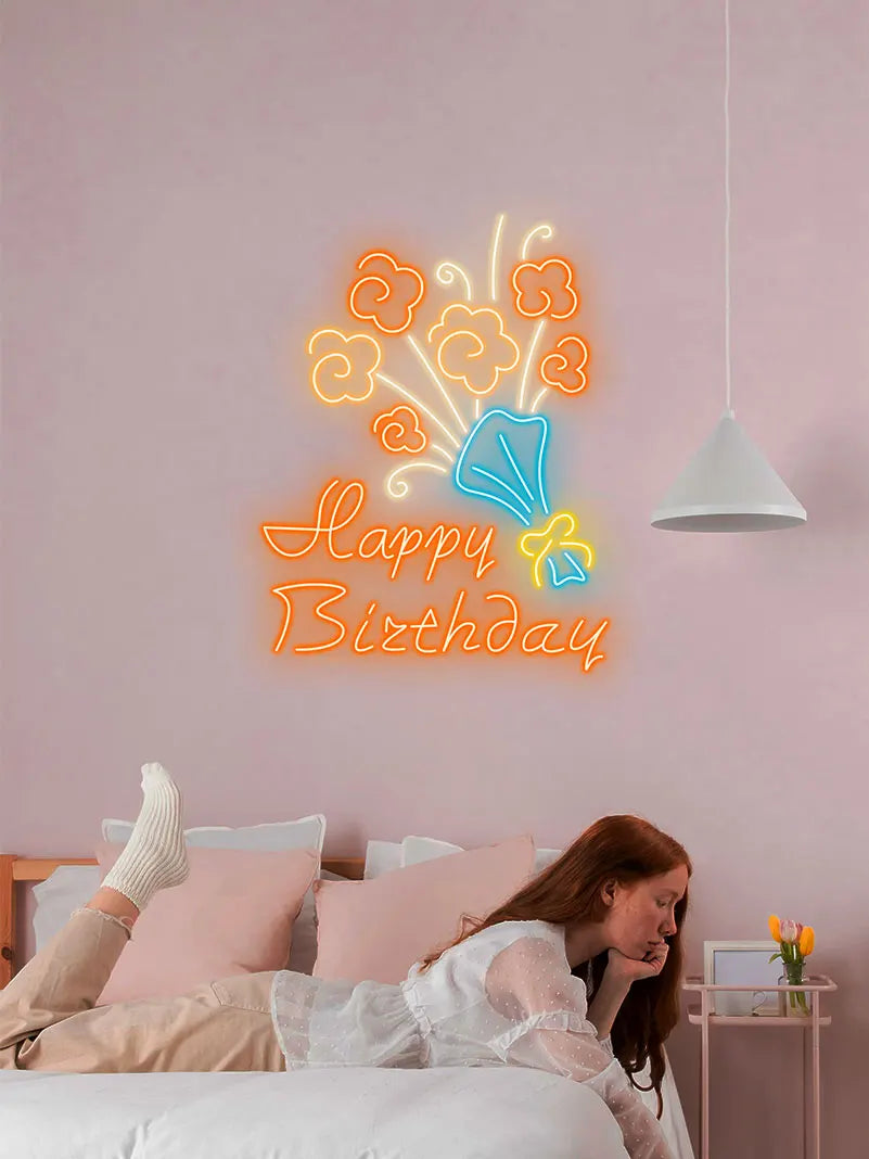Neon Flower Bouquet "happy Birthday" LED neon sign product image
