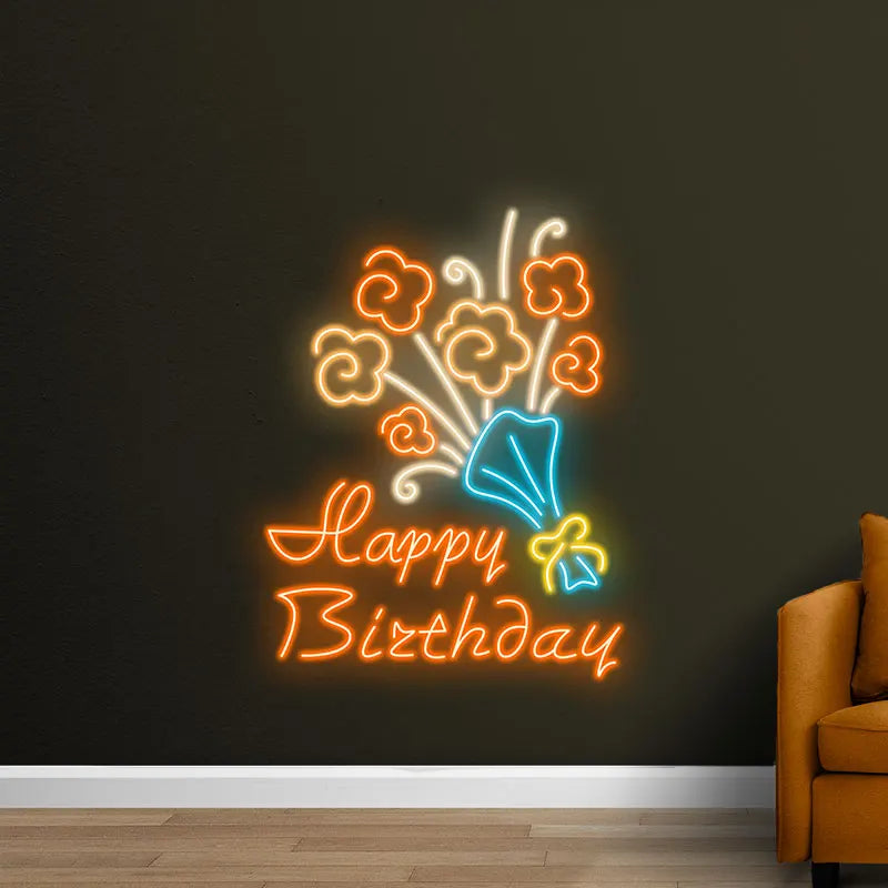 Neon Flower Bouquet "happy Birthday" LED neon sign product image