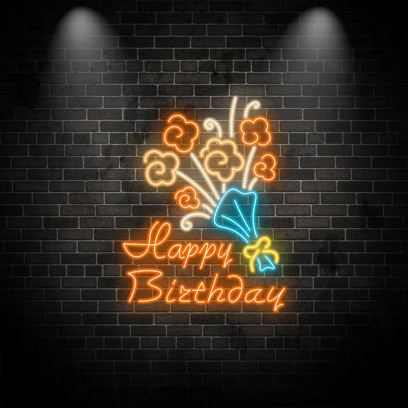 Neon Flower Bouquet "happy Birthday" LED neon sign by NeonCS