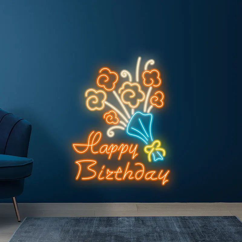 Neon Flower Bouquet "happy Birthday" LED neon sign product image