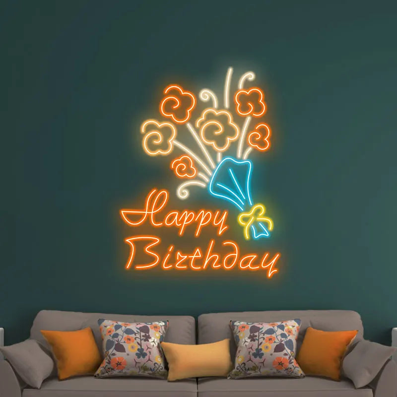 Neon Flower Bouquet "happy Birthday" LED neon sign product image