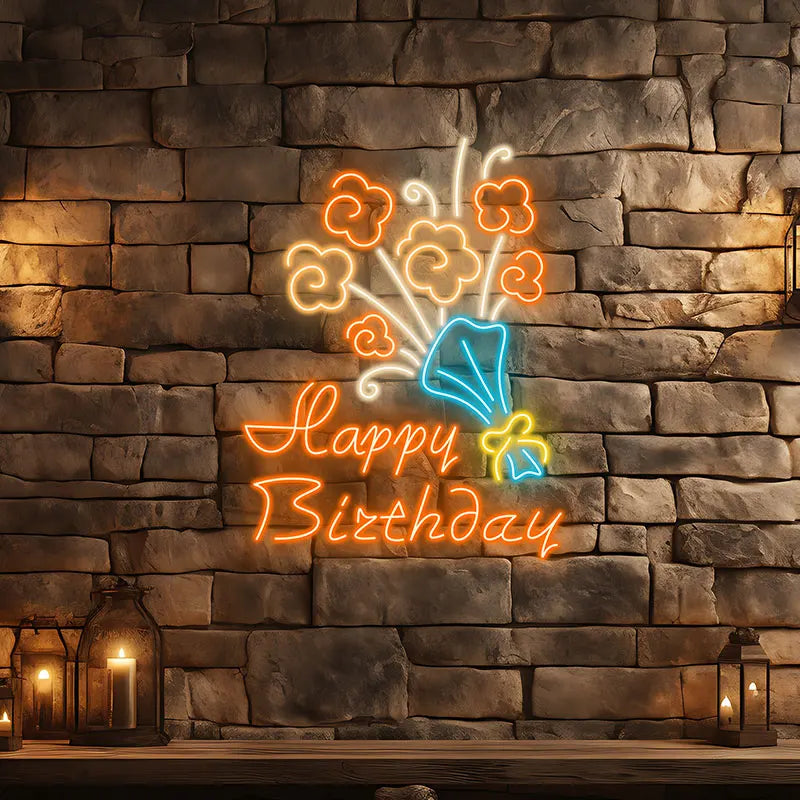 Neon Flower Bouquet "happy Birthday" LED neon sign product image